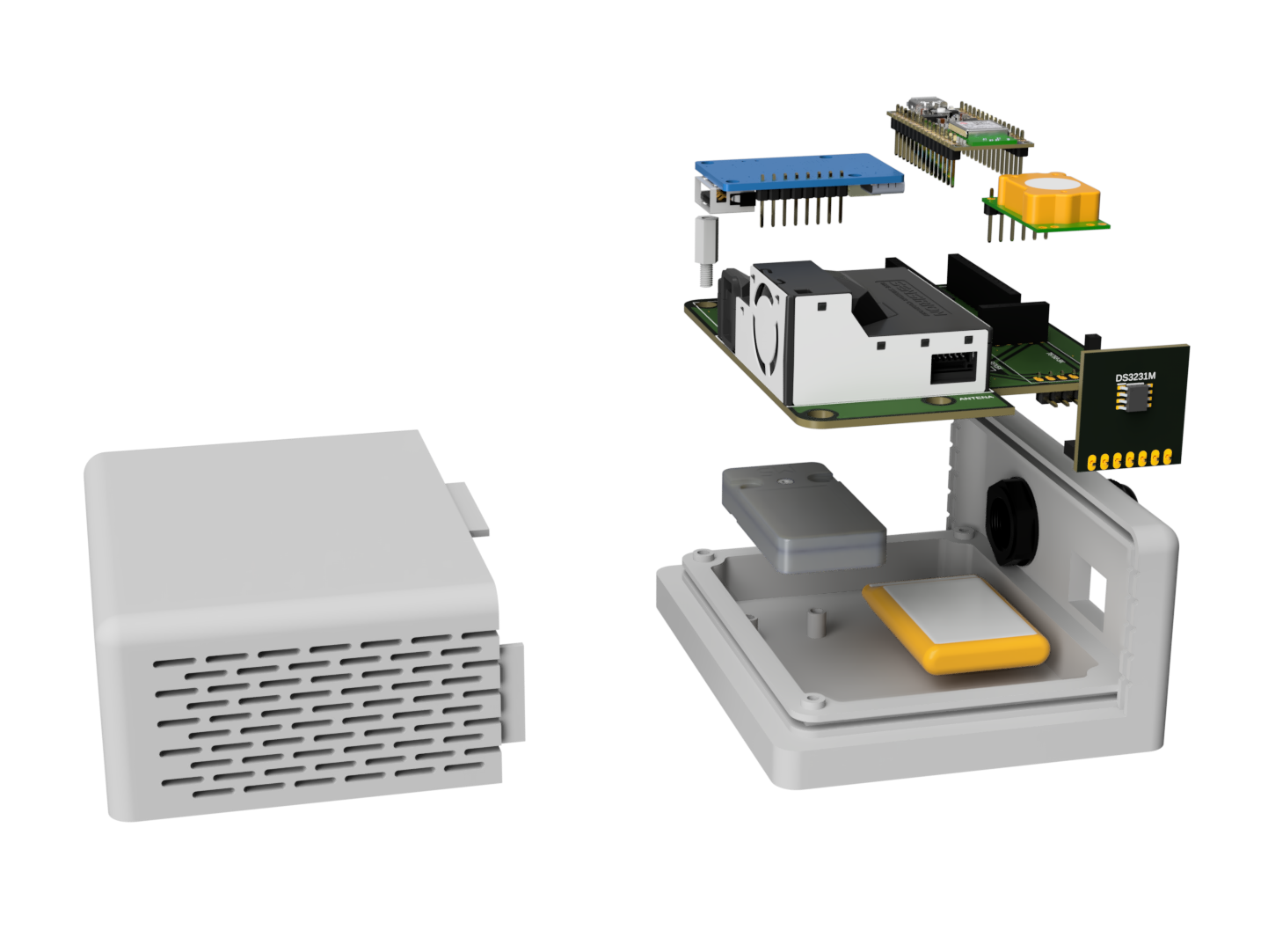 CICERONE Airlink explosionated 3D model with the case showing the distribution of the modules inside the enclosure