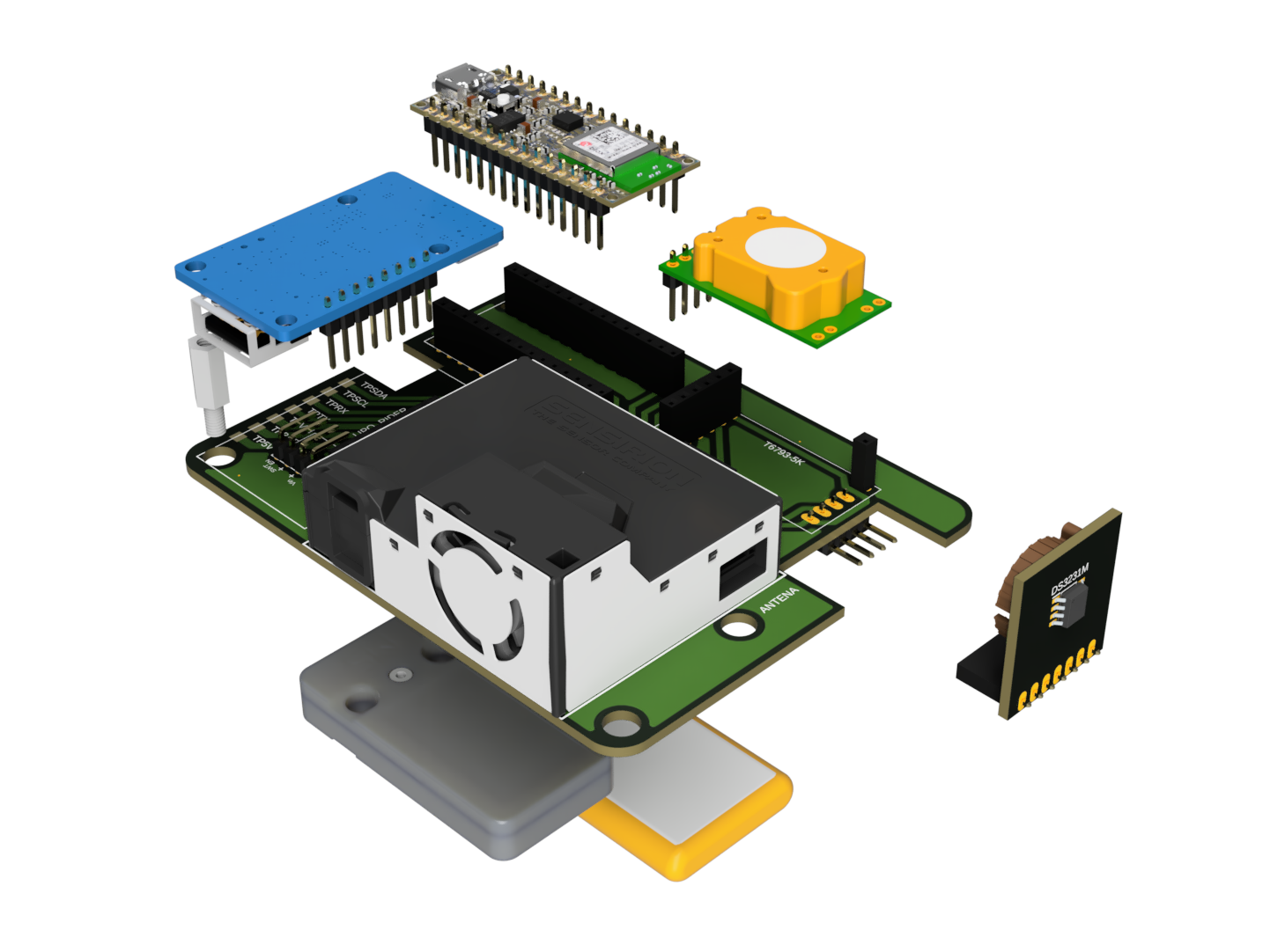 CICERONE Airlink explosionated 3D model with the case showing the distribution of the modules